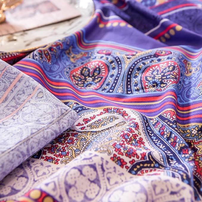 ABREEZE Bohemian Vintage Full Size Floral Cotton Bedding Set 3Pcs Duvet Cover Set Boho Purple Paisley 100% Egyptian Brushed Cotton Reversible Home Bedding Collection