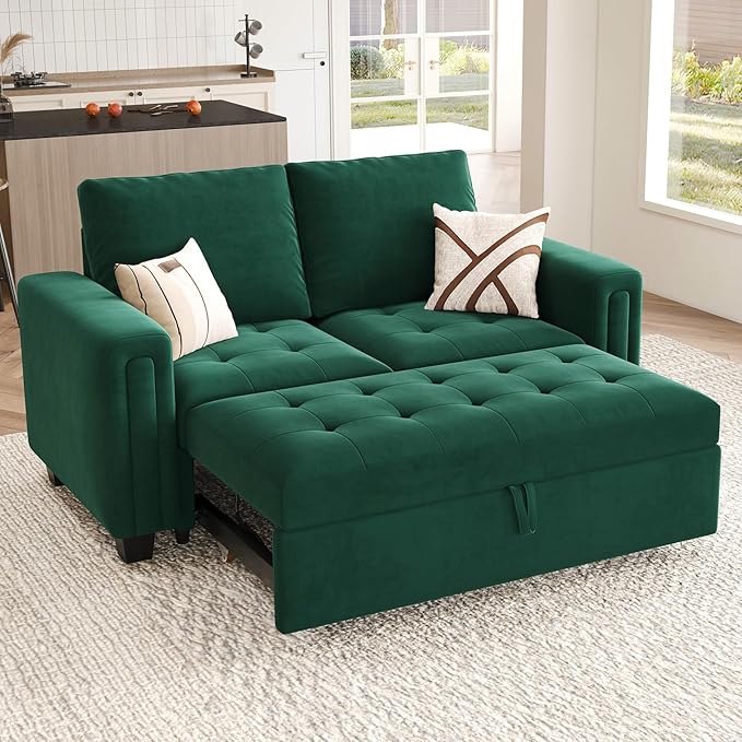 Belffin Modular Sectional Sleeper Sofa with Pull Out Couch Bed Modular Sleeper Loveseat Sectional Sofa Velvet Fabric for Living Room Apartment Green