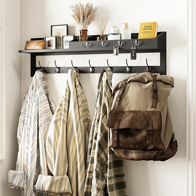 AMBIRD 35 inch Wall Hooks with Shelf, Coat Rack Wall Mount, Large Coat Hanger for Wall, Entryway Shelf with 7 Dual Coat Hooks, 4 Key Hooks and Mail Organizer, Wooden Key Holder Rack (Black)
