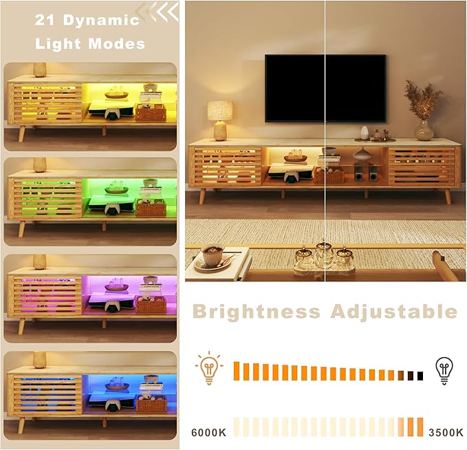 70" Mid Century Modern TV Stand for 55/65/75 Inch TV, Faux Marble Top Entertainment Center with Slatied Sliding Door & LED Lights, Low TV Console with Glass Shelves for Bedroom, Living Room