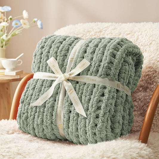 Amélie Home Chunky Knit Throw Blanket for Couch, Soft Chenille Crochet Blanket for Kids, 30"x40", Sage Green
