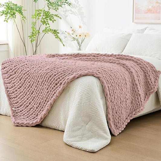 Bigacogo Chunky Knit Throw Blanket for Couch, 51x63 inches, 100% Hand Knitted with Thick Jumbo Chenille Yarn, Cozy Soft Large Rope Knot Cable Crochet Blankets for Sofa Bed Living Room, Dusty Pink