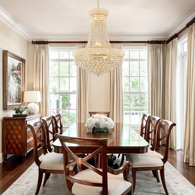 14 - Light Unique Empire Crystal Chandelier with Adjustable Chain for High Ceiling Foyer Entryway Living Room Dining Room Bedroom Gold Finish