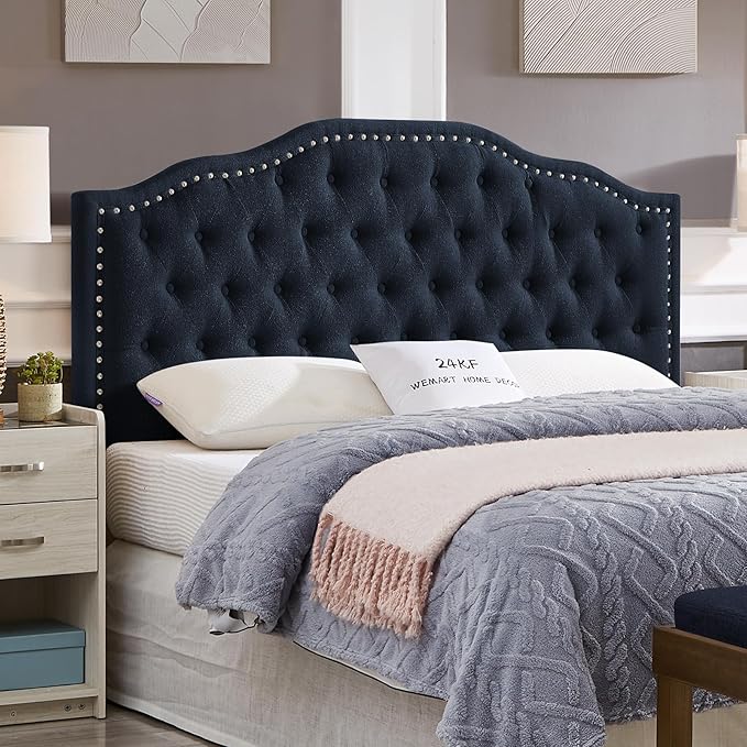 24KF Upholstered Button Tufted Queen Headboard with Nailhead Trim, Elegant Boucle Fabric Full headboard, 6031-Q-Boucle-Navy