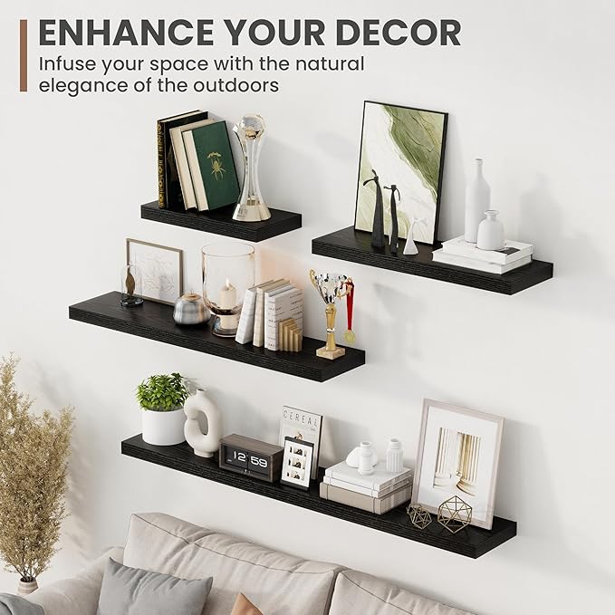 30 Inch Floating Shelves, 8 Inch Deep Floating Shelves for Wall, Hanging Shelf with Invisible Brackets, Deep Shelves for Bathroom, Bedroom, Living Room, Black, Set of 2