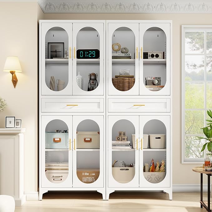 75” Tall Kitchen Pantry Storage Cabinet, Metal Storage Cabinet with 1 Drawer and Adjustable Shelves, Kitchen Pantry Cupboard, Freestanding Cupboard for Bathroom (White-4 Doors and 1 Drawer)