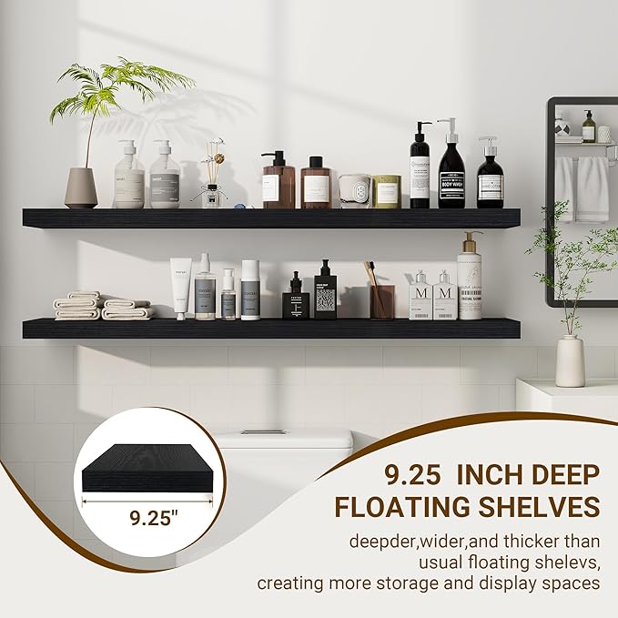 48 Inch Floating Shelves, 48"x9.25"x1.5" Inch Deep Floating Shelves for Wall, Wooden Shelves for Bathroom, Bedroom, Living Room, Black