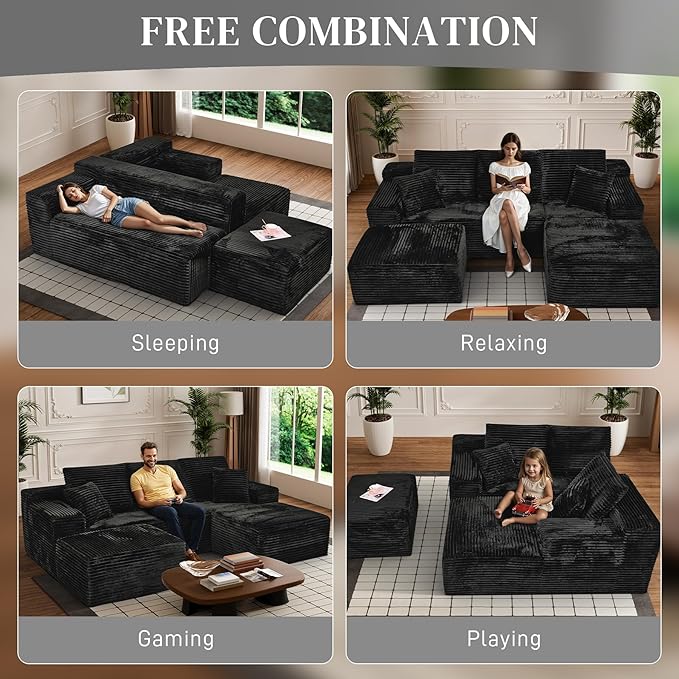 Modular Sectional Sofa Cloud Sectional Couch, 107" Comfy Fluffy U Shaped Black Couches for Living Room, Deep Seat Memory Foam Plush Corduroy Boneless Couch Sectionals with Right Facing Chaise Sofa