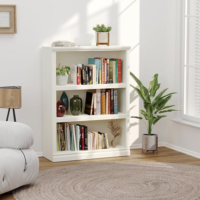 43 in Tall Bookcase, 3-Tier Bookshelf Open Storage, 33 inch Wide Floor Standing Indoor Furniture, Book Cases for Home School Library Office Bedroom Kids, White 3 Tiers