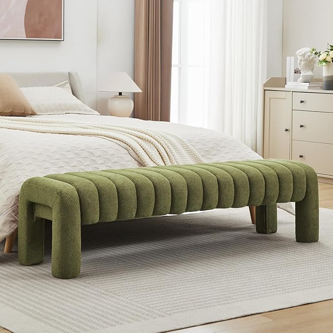 63" Bedroom Bench, Upholstered Entryway Bench, Modern End of Bed Ottoman with Solid Wood Legs and Adjustable Foot Pegs for Entryway, Dining Room and Living Room, 440lbs (Green Boucle)