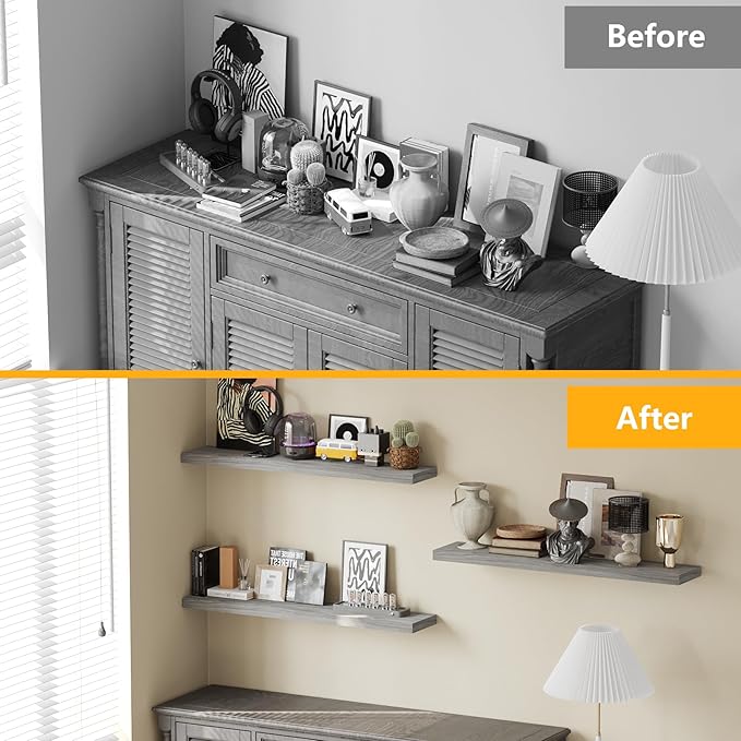 BAMEOS Floating Shelves,40 in W x 8in D Wall Mounted Wooden Shelves with Invisible Brackets Set of 3, Hanging Wall Shelves Decoration for Bedroom, Bathroom, Living Room and Kitchen