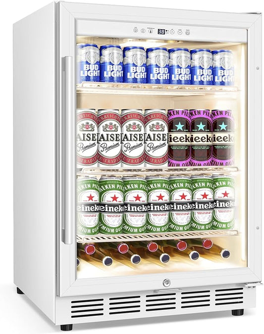 Beverage Refrigerator 24 Inch Drink Fridge, Beer Fridge, 150 Cans Beverage Cooler, Under Counter Refrigerator, Drink Cooler Undercounter Outdoor Refrigerators, Single Glass Door Bar Fridge