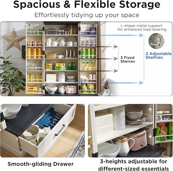 72" Farmhouse Kitchen Pantry Cabinet with Drawer, Tall Storage Cabinet with 2 Barn Doors and Shelves, Versatile Large Rustic Cupboard for Dining Room, Bathroom, Living Room, Laudry, White