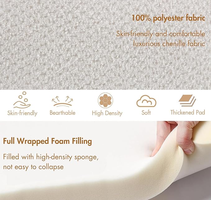 3-Piece 53" Comfy Upholstered Dining Bench with 2 Ottomans, Accent Waterfall Bench Modern End of Bed Entryway Bench Vanity Stool, White Chenille