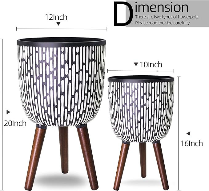 2 Set Plant Pot with Stand 10 & 12 inches, Mid-Century Large Planter with Legs for Indoor Plants, Boho Print Standing Plant Pot with Drainage Plug for Monstera, Herb, Succulent Flower Pot