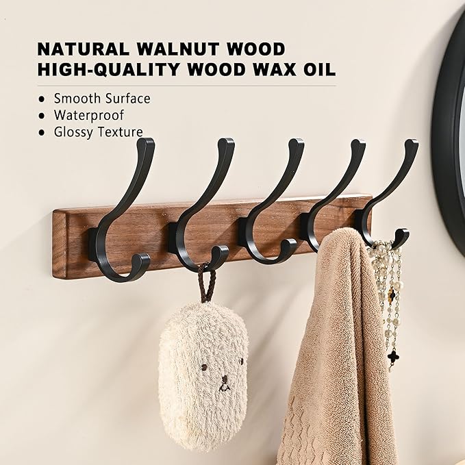 17.3" Small Wooden Coat Rack Wall Mount with 5 Hooks, Entryway Wall Hooks Coat Hanger for Hanging Towel Jacket Clothes Hat Backpack Shoe Purse Key Holder Multi Hook Rail by Black Walnut Wood