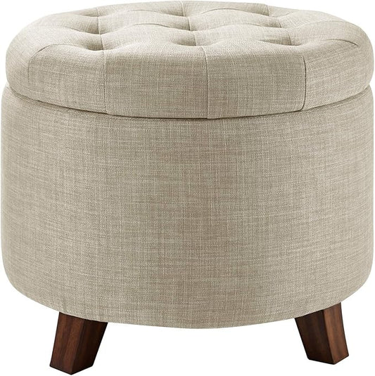 Amazon Basics Round Linen Ottoman with Storage, Tufted Upholstered Footstool for Living Room and Bedroom, 20" x 17", Linen Burlap Beige