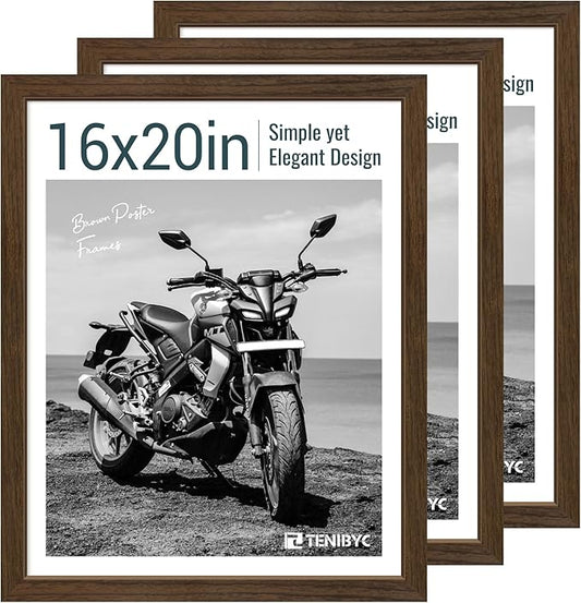 16x20 Picture Frame Set of 3 - Brown Woodgrain, Wood Poster Frame, HD Tempered Glass, Wall Gallery Hanging
