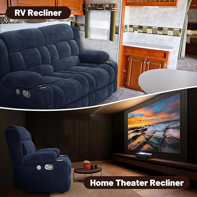 Loveseat Recliner Sofa Set with 2+1 Pieces, 2 Seater Minimalist Style Fabric Manual Pull Tab Reclining Loveseat with USB Charge Ports, Cup Holders, Recliner Couches for Living Room, RV, Blue