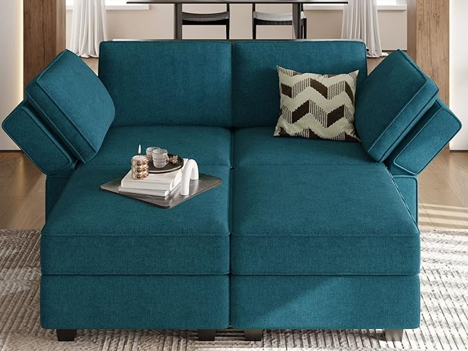 Bellfin Modular Sectional Sleeper Sofa Convertible Sofas with Storage Ottomans Small Sectional Couches for Living Room. Peacock Blue Couch