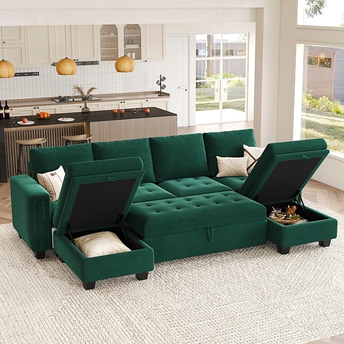 Belffin Modular Sectional Sleeper Sofa with Pull Out Bed Velvet Convertible U Shaped Sectional Sofa Couch with Storage Chaises for Living Room Green