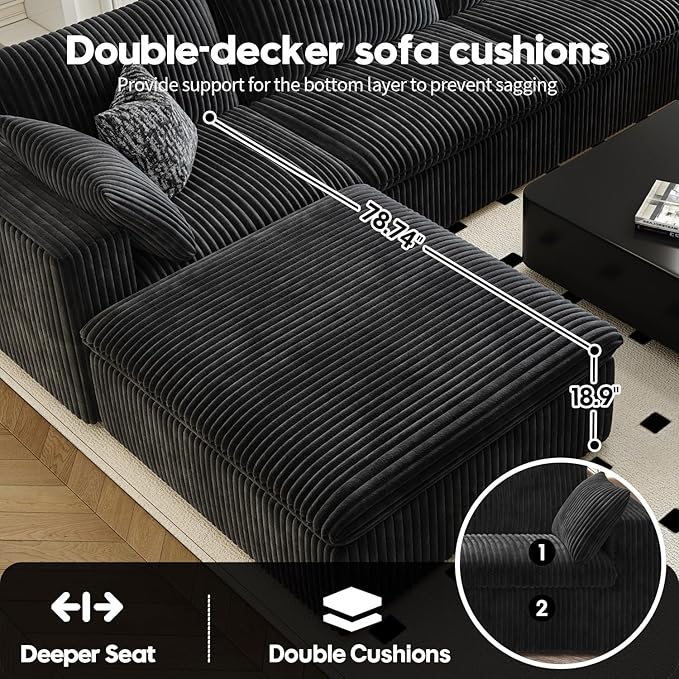 157.5" Cloud Couch Oversized Modular Sectional Sofa for Living Room,Modern Sofa with Deep Seat，8 Seater Boneless Couch with 2 Ottoman,Comfy Upholstered Couches for Apartment, Studio, Office,Black