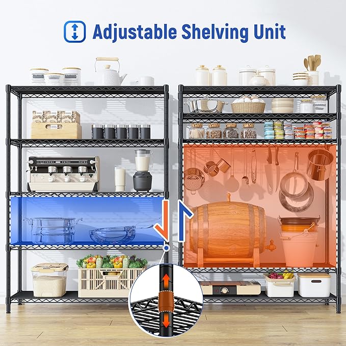 5 Tier Storage Shelves 71"H Wire Shelving Adjustable Metal Shelving,1000LBS Pantry Shelves Sturdy Steel Wire Shelf for Kitchen Commercial Pantry Garage Warehouse ,71"H X35.5"W X13.8"D, Black