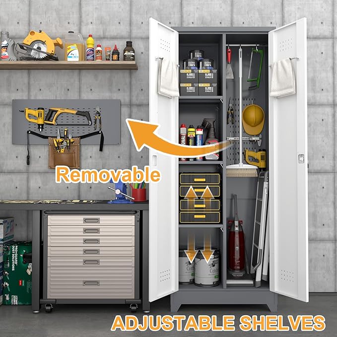 Locking Cabinet,Metal Storage Cabinet with Doors and Shelves,Broom Closet Storage Cabinets for Bedroom,Home Office,Grey-White