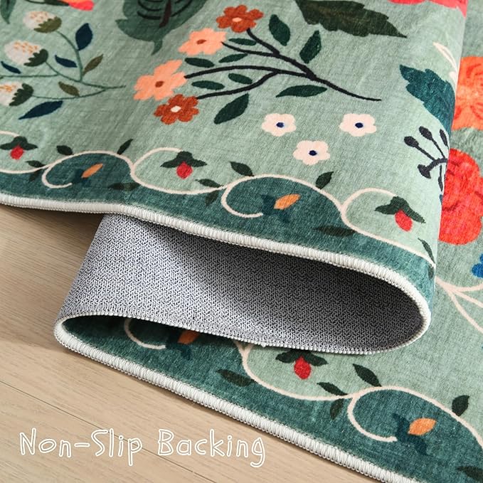Area Rugs 8x10 Rug for Living Room Clearance Washable Boho Area Rug Non Slip Floral Vintage Low Pile Large Rug for Living Room, Bedroom, Farmhouse, Dining Room, Kids Playroom(Green)