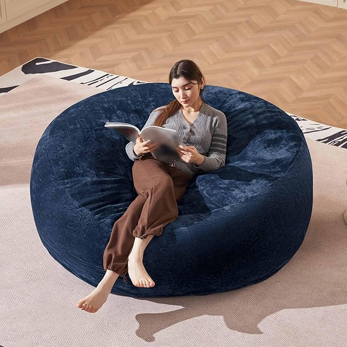 Bean Bag Chair 6Ft, Memory Foam Filled, Large Beanbag Chairs for Adults and Teens, Soft Sofa with Removable Flannel Cover, Round Couch for Living Room Bedroom College Dorm (Blue, 6FT-67×67"×24")