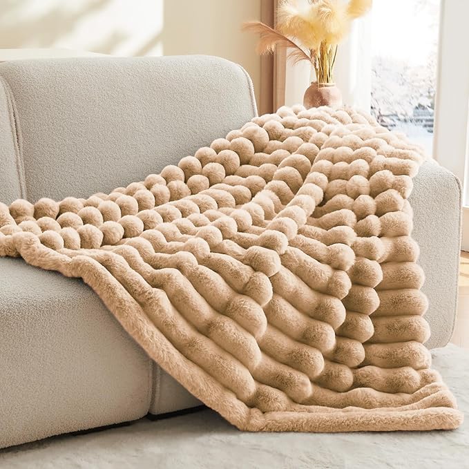 BEDELITE Faux Fur Throw Blanket for Couch, Soft and Cozy Luxurious 3D Striped Fluffy Blanket, 770GSM Thick Warm Plush Fuzzy Faux Rabbit Fur Blanket for Women Gift (Brown, 50"x 60")