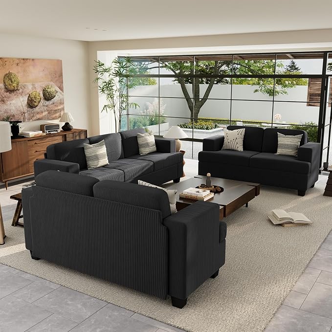 3 Pieces Corduroy Couch Set for Living Room, 7 Seats Cloud Sofa, Deep Seat Floor Couch for Bedroom, Futon Modern Sofa Sectional Bed, Black Corduroy