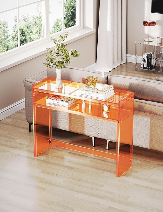 Acrylic Console Table, Entryway Table with Storage Shelves (1, 39.4 * 31.5 * 11.7 inches) (Orange)
