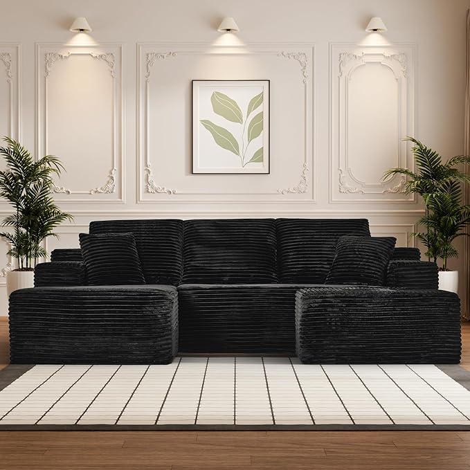 Modular Sectional Sofa Cloud Sectional Couch, 107" Comfy Fluffy U Shaped Black Couches for Living Room, Deep Seat Memory Foam Plush Corduroy Boneless Couch Sectionals with Left Facing Chaise Sofa