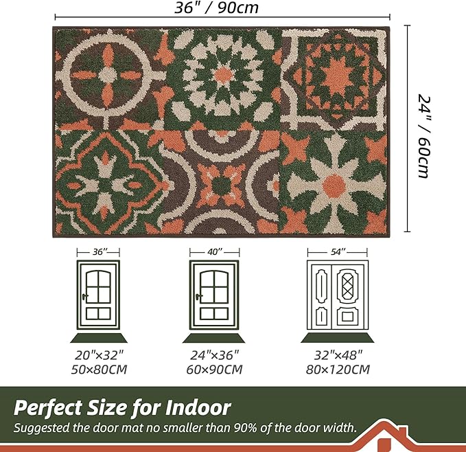 BEQHAUSE Dirt Trapper Door Mat 24" x 36", Non-Slip Entryway Rugs Washable, Floor Mat Stain Resistant and Absorbent Welcome Mat for Front Back Door, Muddy Wet Shoes & Paws, Boho Geometric Floral