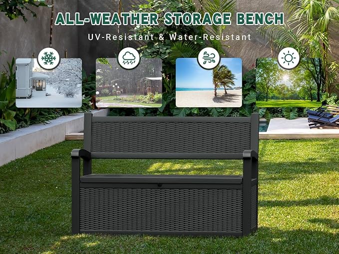 70 Gallon Outdoor Storage Box, Resin Patio Furniture with Armrest, Lockable Deck Box with Waterproof and UV Resistant for Patio Cushions, Garden Tools and Pool Supplies, Black