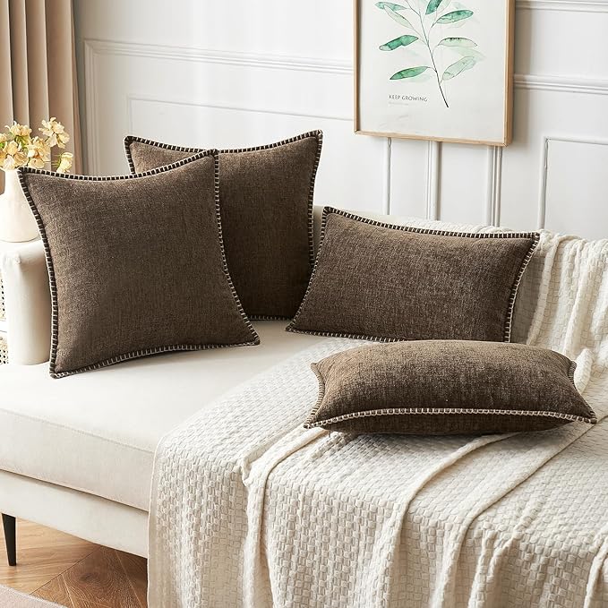 MIULEE Pack of 2 Couch Throw Pillow Covers 24x24 Inch Brown Farmhouse Decorative Pillow Covers with Stitched Edge Soft Chenille Solid Dyed Spring Pillow Covers for Sofa Bed Living Room