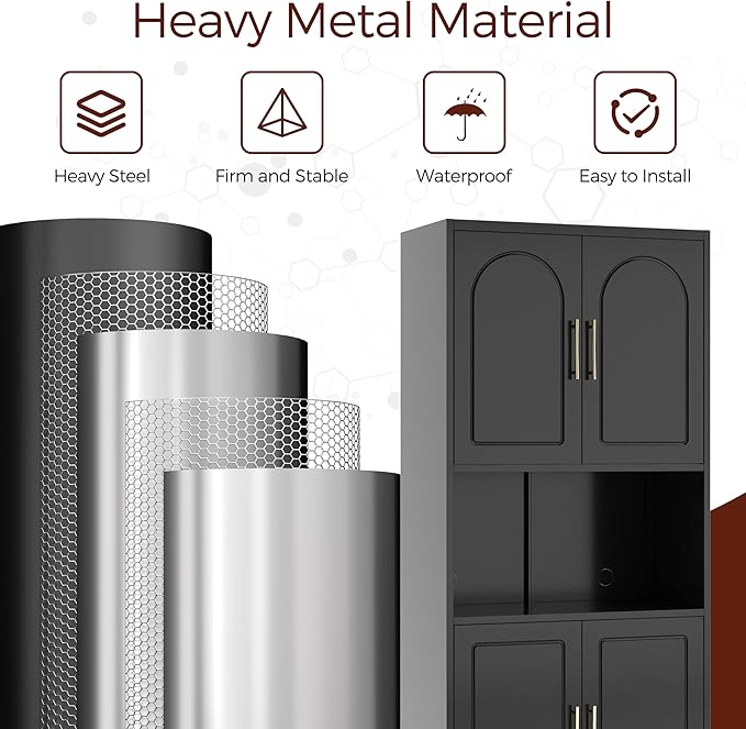 75" Tall Kitchen Pantry Storage Cabinet, Metal Storage Cabinets with 4 Doors and Adjustable Shelves, Black Kitchen Hutch Cabinet with Microwave Stand, Large Cupboard for Dining Living Room