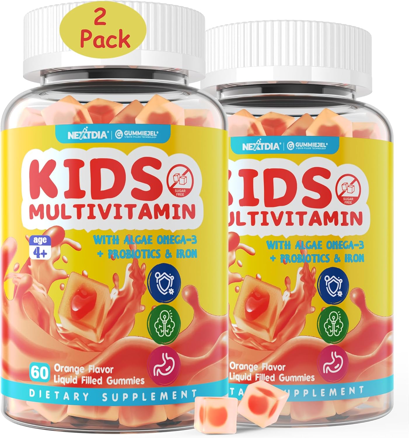 (2 Pack) Kids Multivitamin Gummies with Iron, Sugar Free, Kids Daily Vitamins + Probiotics, Algae Omega 3 (EPA/DHA), A, C, D, Methyl B12, Folate, B6, Zinc, Biotin, for Healthy Growth, Immune Support