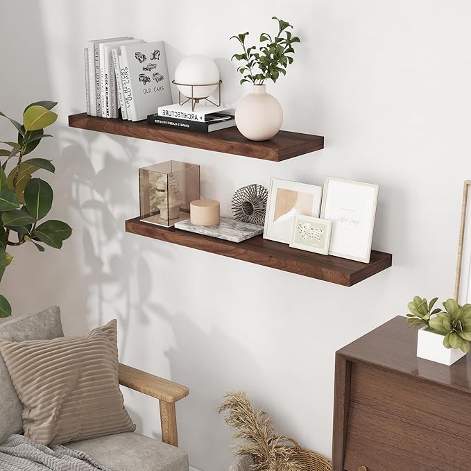 40 Inch Floating Shelvese, 40" W x 9" D Floating Shelf Set of 2, Farmhouse Wood Wall Shelves for Bedroom, Kitchen, Wall Mounted Deep Shelving for Home Decor, Walnut Color