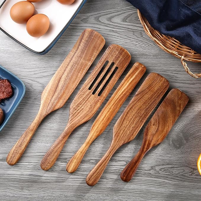 5 Pcs Wooden Spurtle Set, Natural Teak Kitchen Utensil Set Heat Resistant Non-Stick Wooden Spoons Tools for Cooking, Stirring, Mixing, Serving, Spurtles Kitchen Tools As Seen On TV