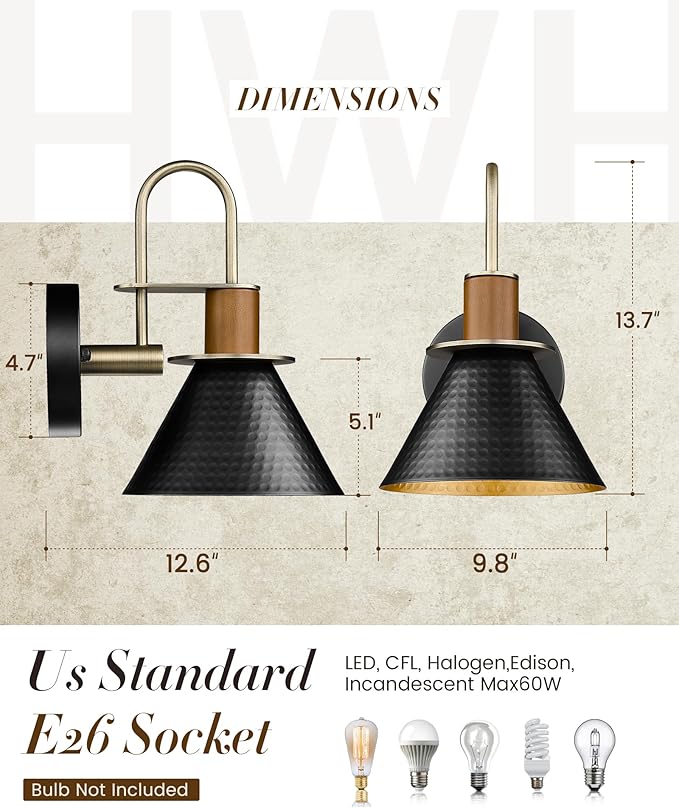 Modern Wall Sconces Set of Two, HWH Industrial Sconce Wall Lighting 1-Light, Gooseneck Barn Wall Vanity Light for Bedroom Kitchen, Hammered Metal Shade, Black and Gold Finish, 5HZG74B-2L BK+BG