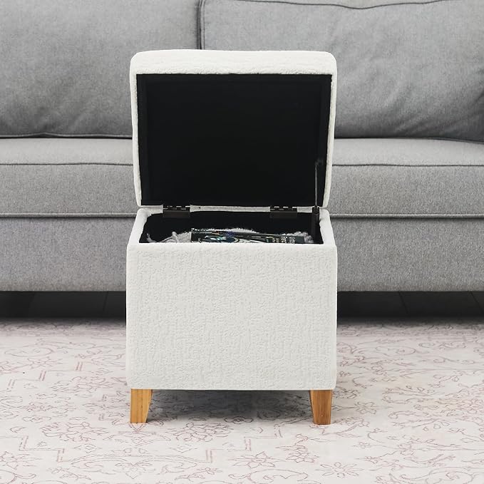 Adeco 18 Inch High Faux Fur White Cube Ottoman Storage, 3D Embossed Velvet Chair Foot Stools, Upholstered Vanity Stool with Hinged Lid, Solid Wood Legs
