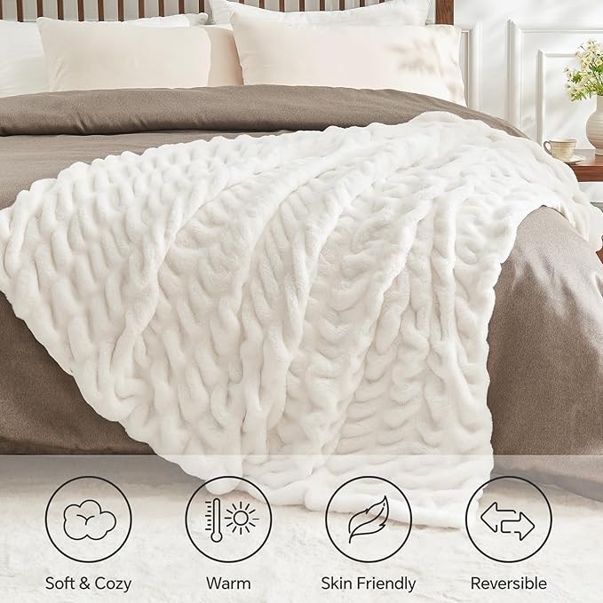 BEDELITE Faux Fur Throw Blanket for Couch, Soft and Cozy Boho Ruched Fluffy Blanket, Warm Plush Fuzzy Faux Rabbit Fur Blanket for Women Gift (Cream, 50"x 60")