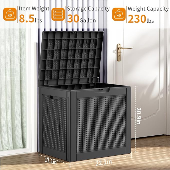 30 Gallon Resin Deck Box, Lockable Patio Outdoor Storage Box for Furniture, Garden Tools and Tools Storage, Waterproof Outside Storage Boxes - Black