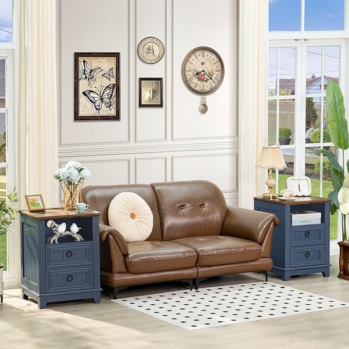 18" Farmhouse Night Stand with Charging Station, 2 Drawers End Table Dresser for Bedroom, Blue Wooden Nightstand, Bed Side Table with Open Shelf, Bedside Cabinet for Living Room, Closet