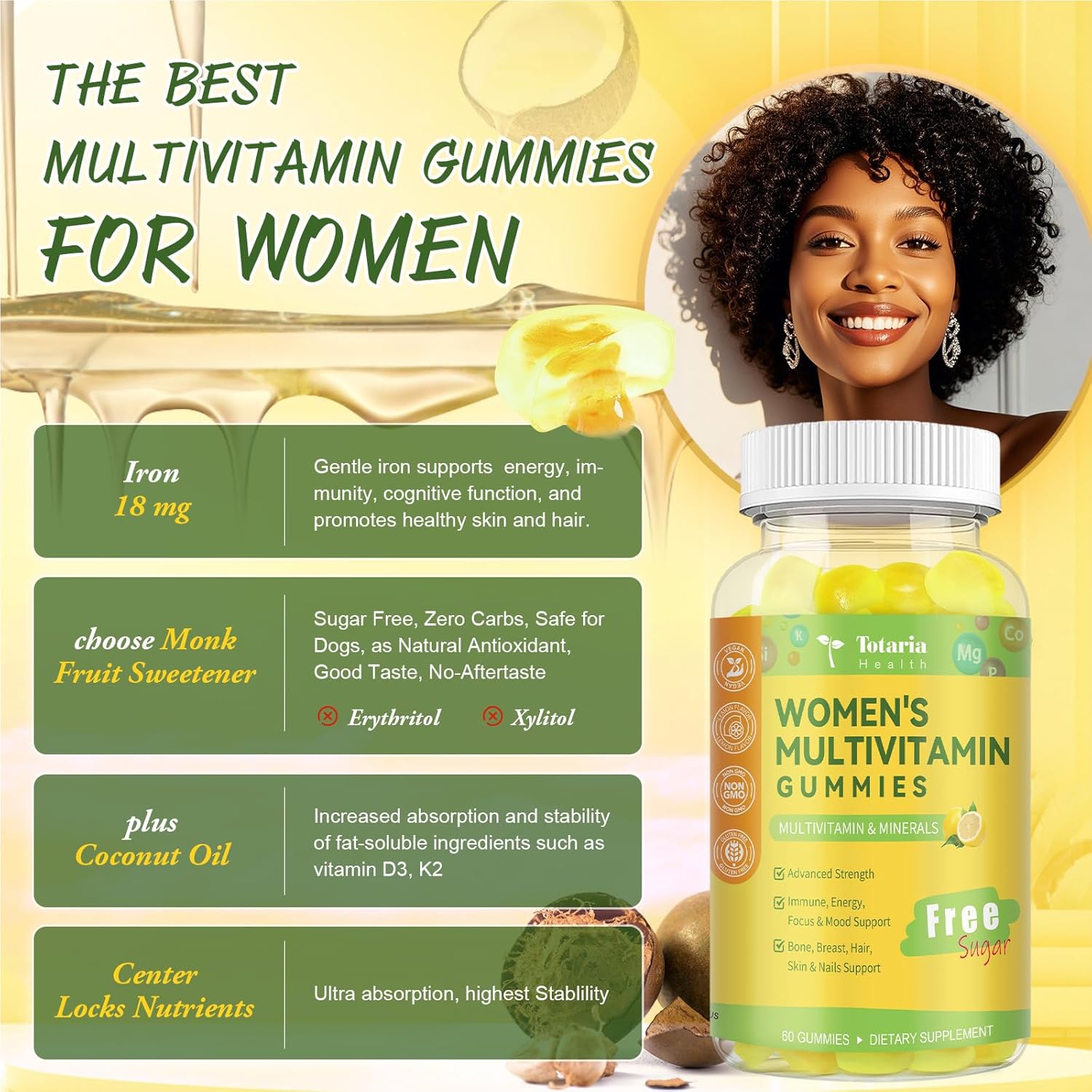 (2 Packs) Sugar Free Multivitamin Gummies for Women 14+ w/Iron, Inositol, Folate, Biotin, Womens Daily Multivitamin Gummy w/Vitamin A, D, C, B, Support Hair, Skin, Energy, Immune, Lemon Flavor