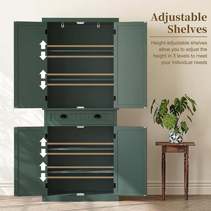 ARTPOWER 72" Tall Kitchen Pantry Storage Cabinet with Drawer and Adjustable Shelves, Pantry Cabinet for Kitchen, Bathroom or Hallway, Green