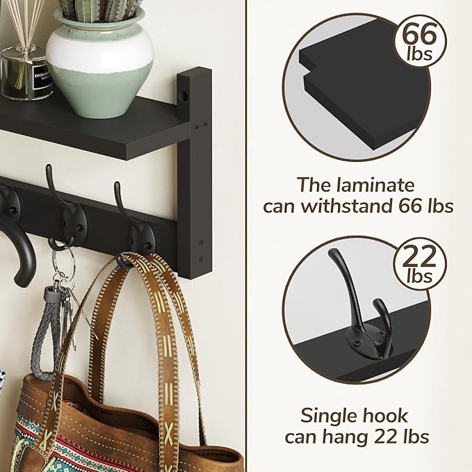 AMBIRD 34.2" Extra Long Wooden Wall Hook Rack with Shelf - Versatile and Decorative Wall-Mounted Storage with 10 Hooks for Coats, Hats, Keys, Scarves - Ideal for Entryways, Bedrooms, Closets (Black)
