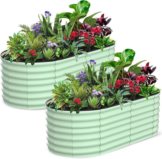 2 Pcs 6x3x2ft Oval Raised Garden Bed, Galvanized Raised Beds,Open-Ended Base Metal Raised Planter Beds,Garden Bed Outdoor,Planter Raised Boxes for Vegetables, Flowers,Tool-Free Asse,Green